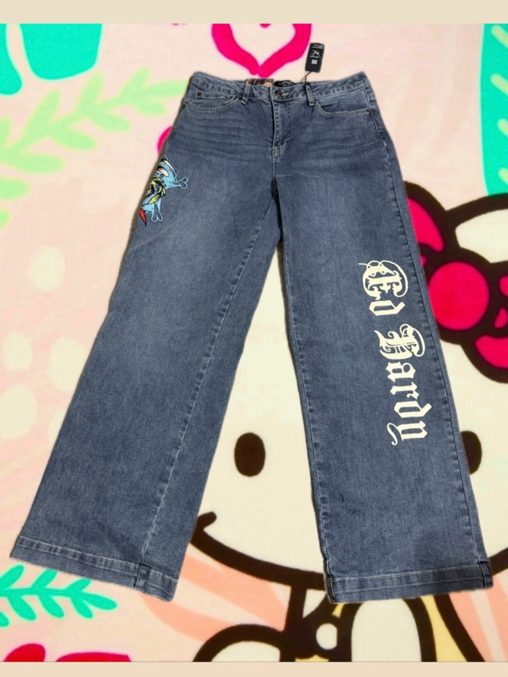 No Brand Blue Graphic Wide-Leg Jeans for Women - 'Go Hard' Print